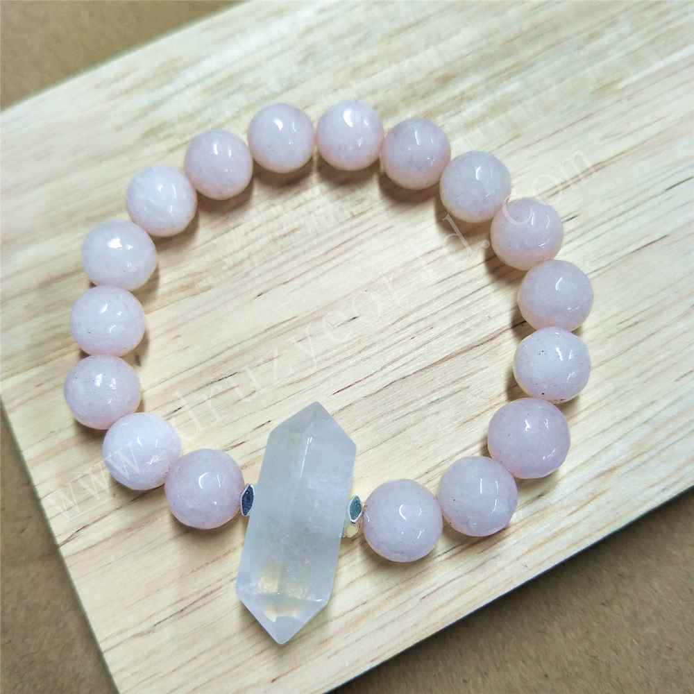 White Crystal Point 10mm Rose Quartz Beads Stretch Bracelet For Women HD0249