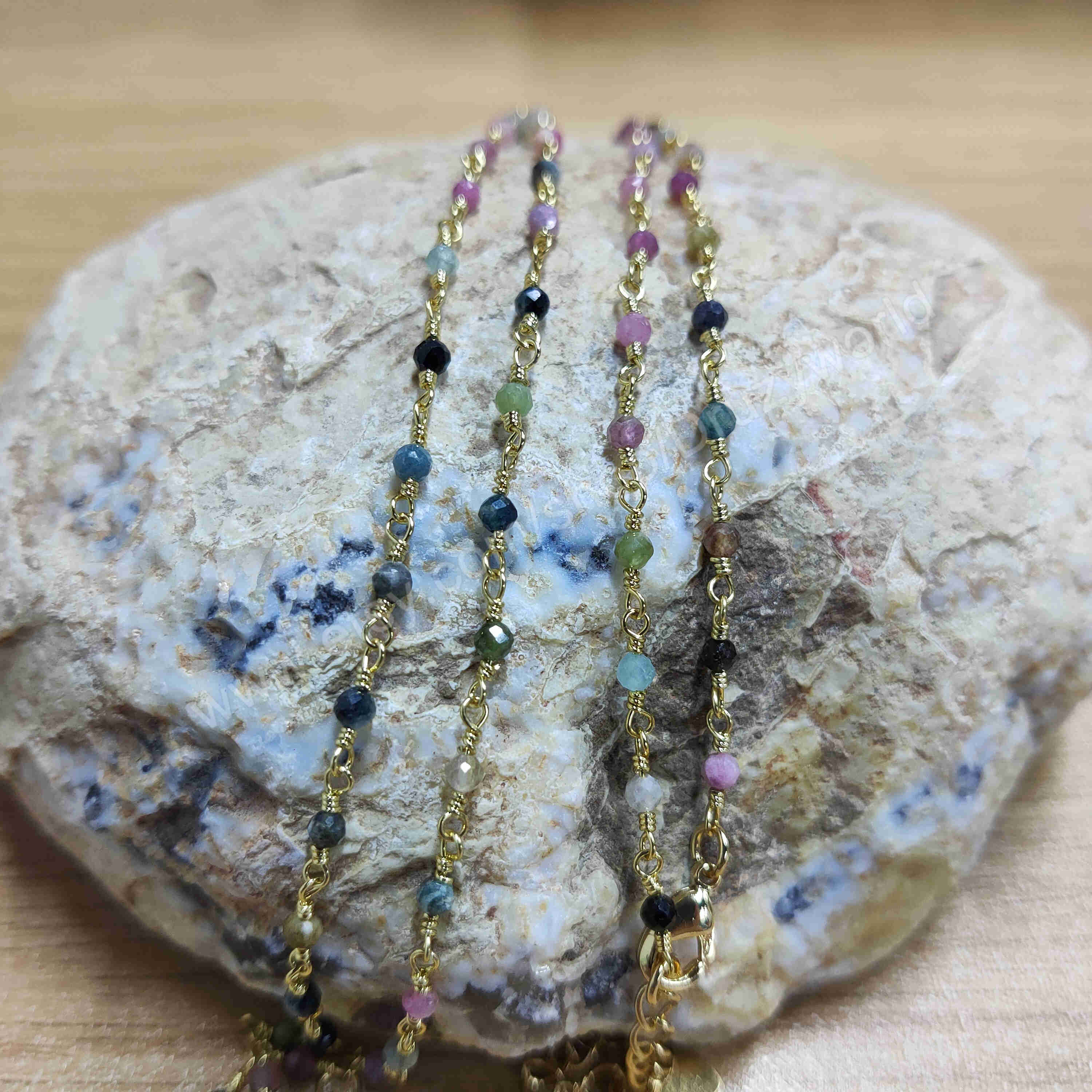 Gold Plated Brass Natural Gemstone Bead Chain Necklace 3mm Faceted Beads Amethyst Labradorite Fluorite Crystal Stone Rosary Chain Bottle Necklaces For Jewelry Making JT245-N