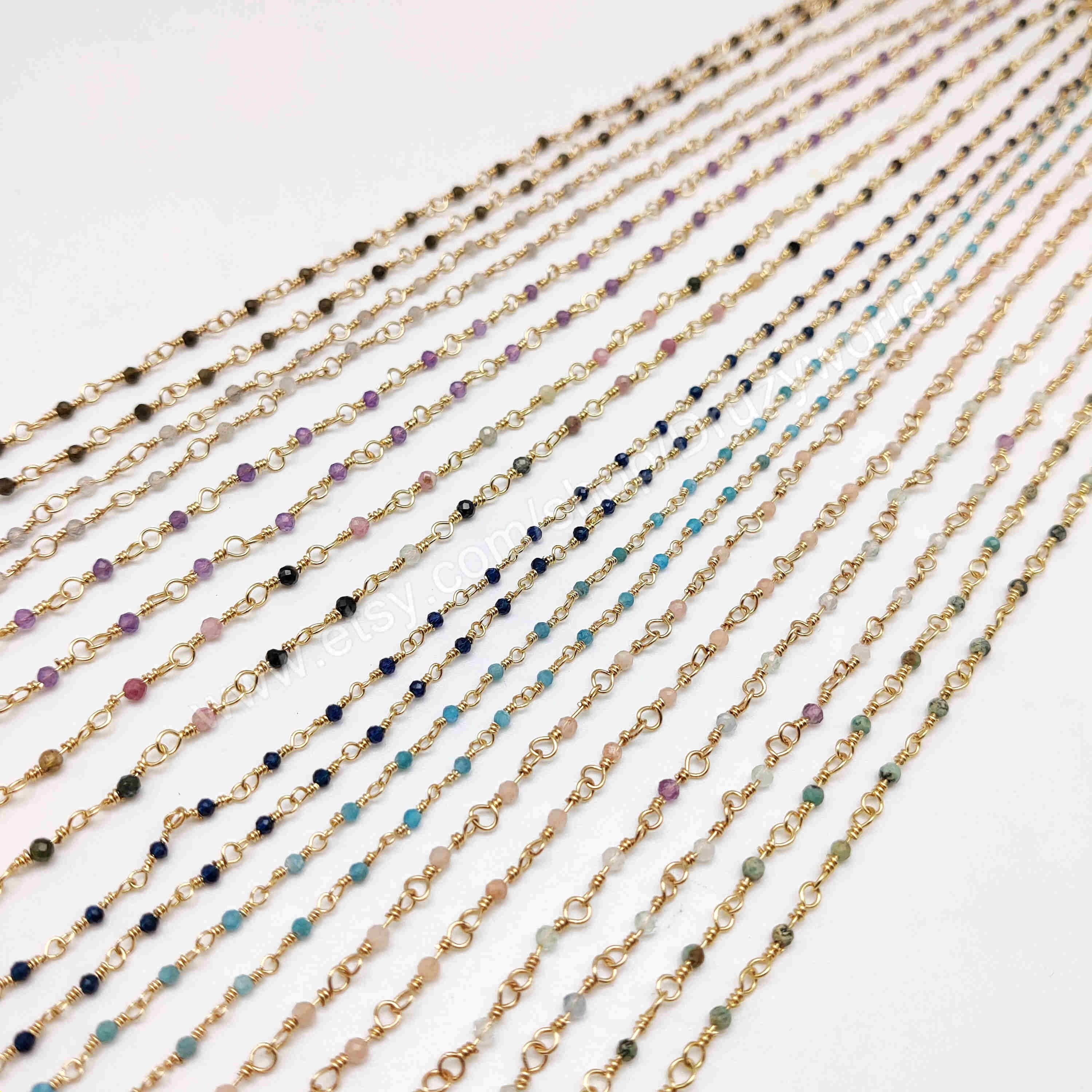 Gold Plated Brass Natural Gemstone Bead Chain Necklace 3mm Faceted Beads Amethyst Labradorite Fluorite Crystal Stone Rosary Chain Bottle Necklaces For Jewelry Making JT245-N