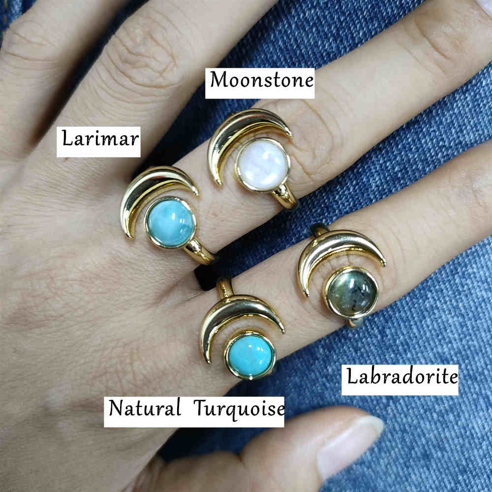 Gold Plated Moonstone Turquoise Labradorite Larimar Moon Ring ZG0454