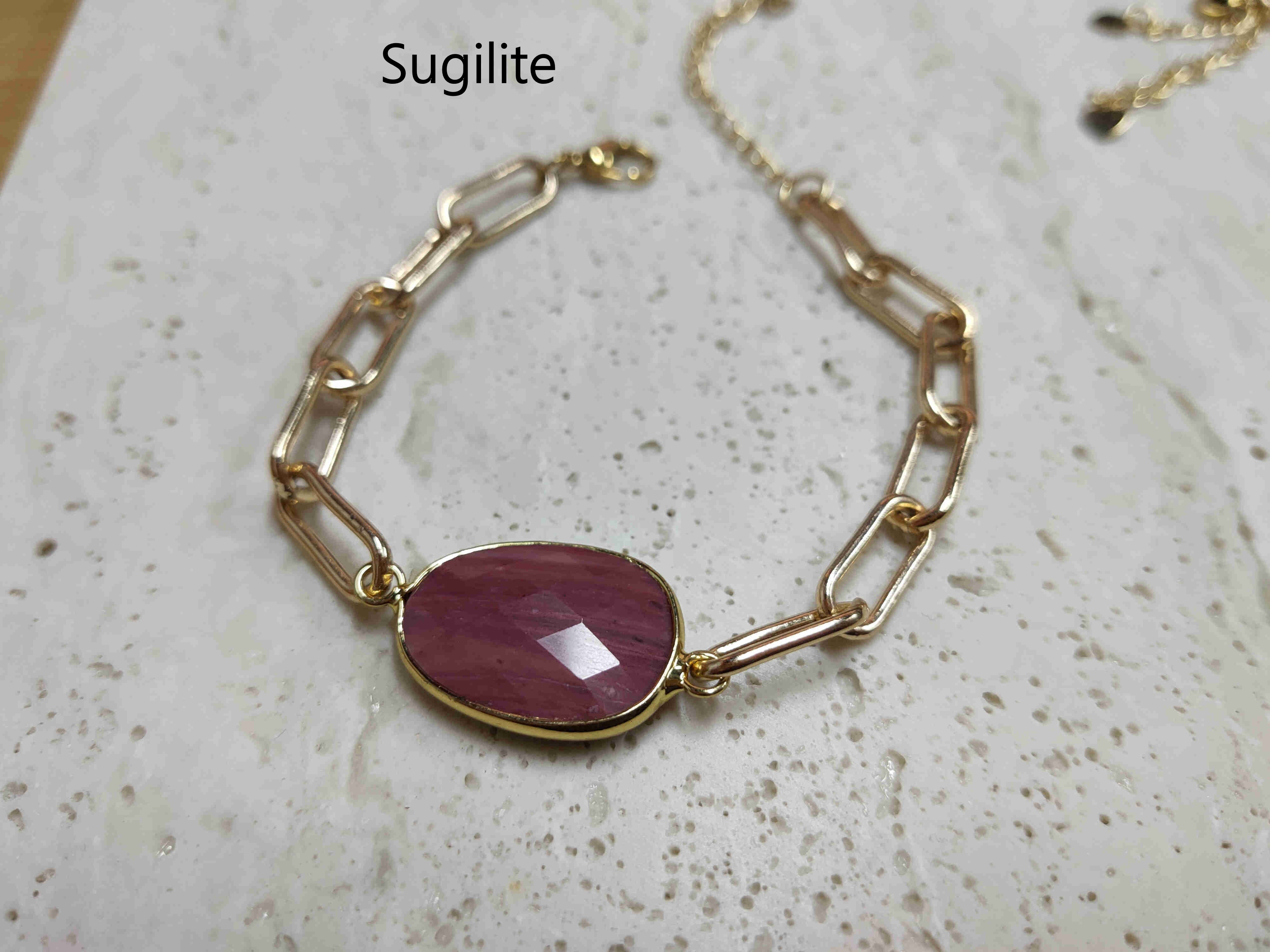 Gold Plated Oval Natural Gemstone Faceted Bracelet Paperclip Chain Crystal Bracelet Jewelry AL461