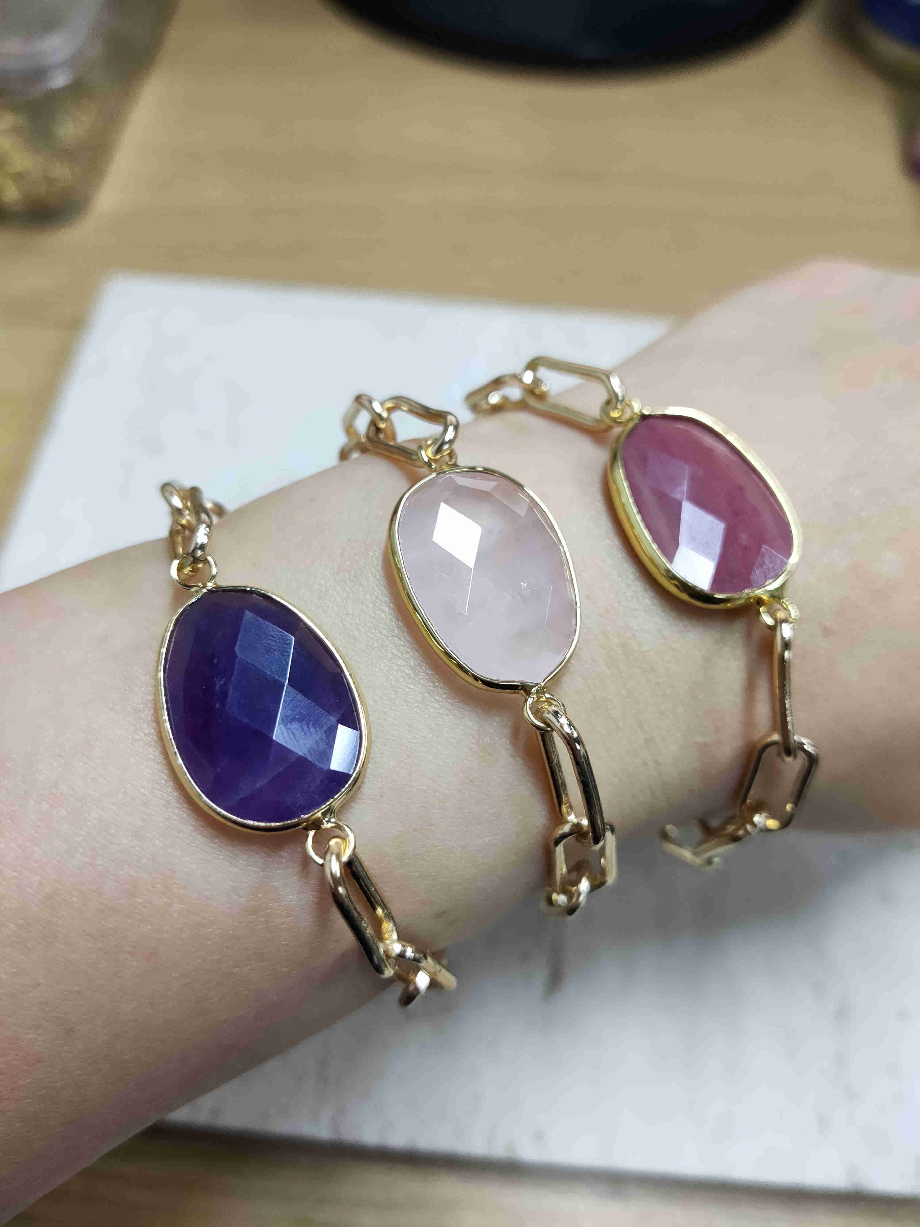Gold Plated Oval Natural Gemstone Faceted Bracelet Paperclip Chain Crystal Bracelet Jewelry AL461