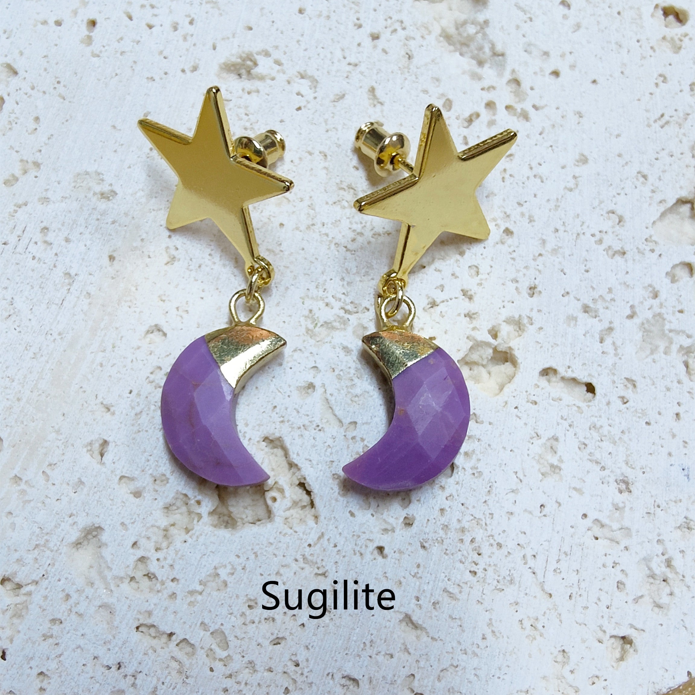 Gold Star Gemstone Moon Earrings, Faceted Healing Crystal Stone Crescent Moon Earrings, Wholesale Jewelry AL571 Sugilite Moon Earrings