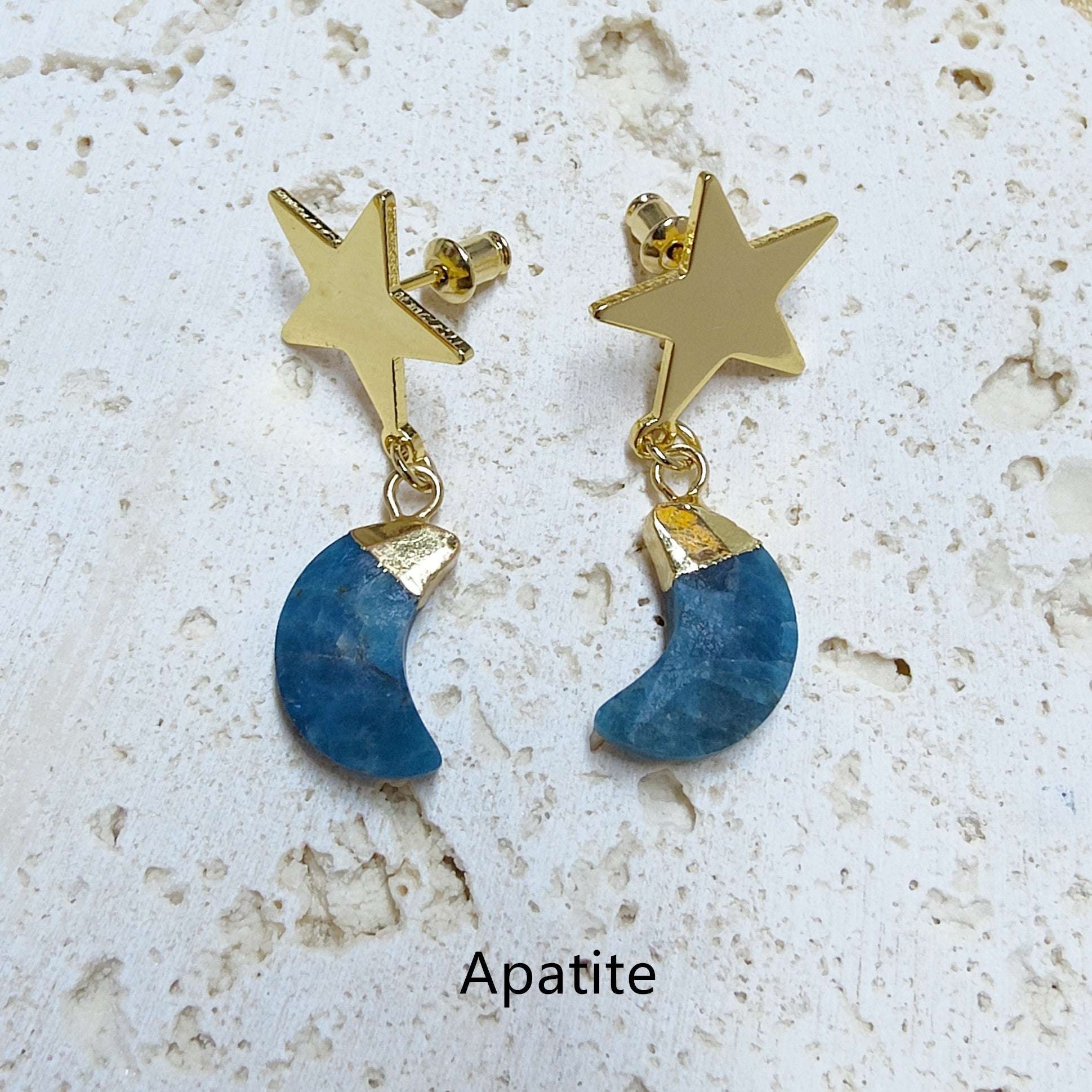 Gold Star Gemstone Moon Earrings, Faceted Healing Crystal Stone Crescent Moon Earrings, Wholesale Jewelry AL571 Apatite Moon Earrings