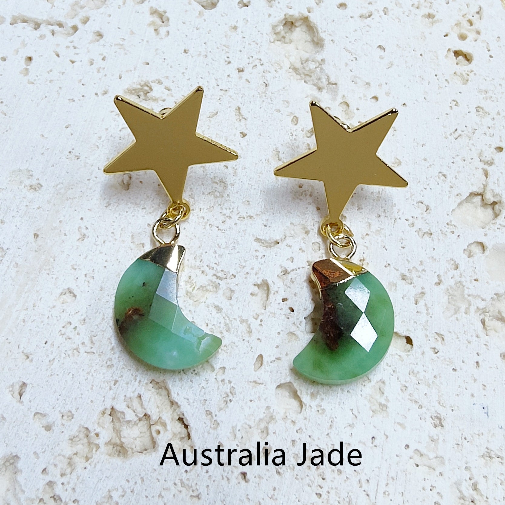 Gold Star Gemstone Moon Earrings, Faceted Healing Crystal Stone Crescent Moon Earrings, Wholesale Jewelry AL571 Australia Jade Moon Earrings