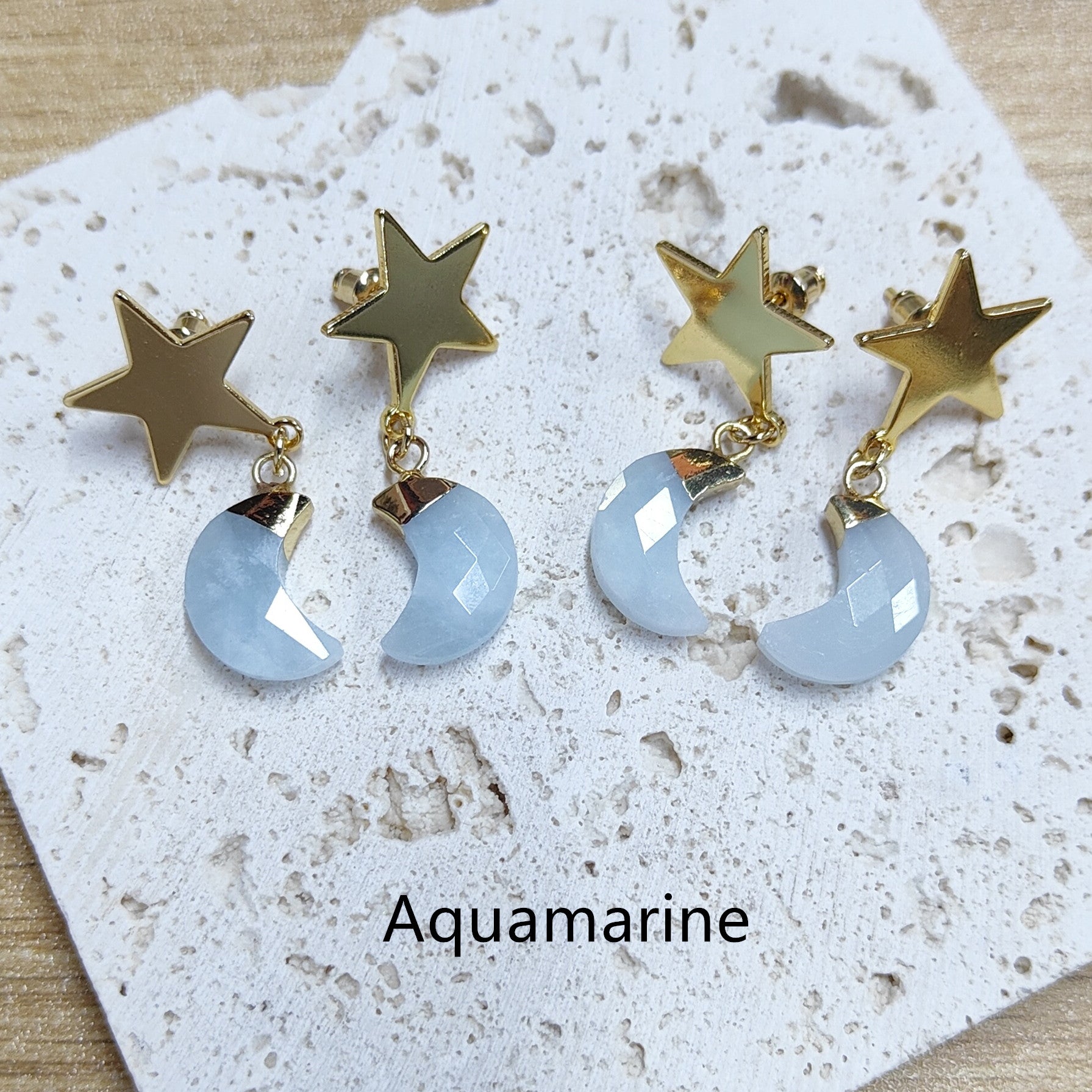 Gold Star Gemstone Moon Earrings, Faceted Healing Crystal Stone Crescent Moon Earrings, Wholesale Jewelry AL571 Aquamarine Moon Earrings