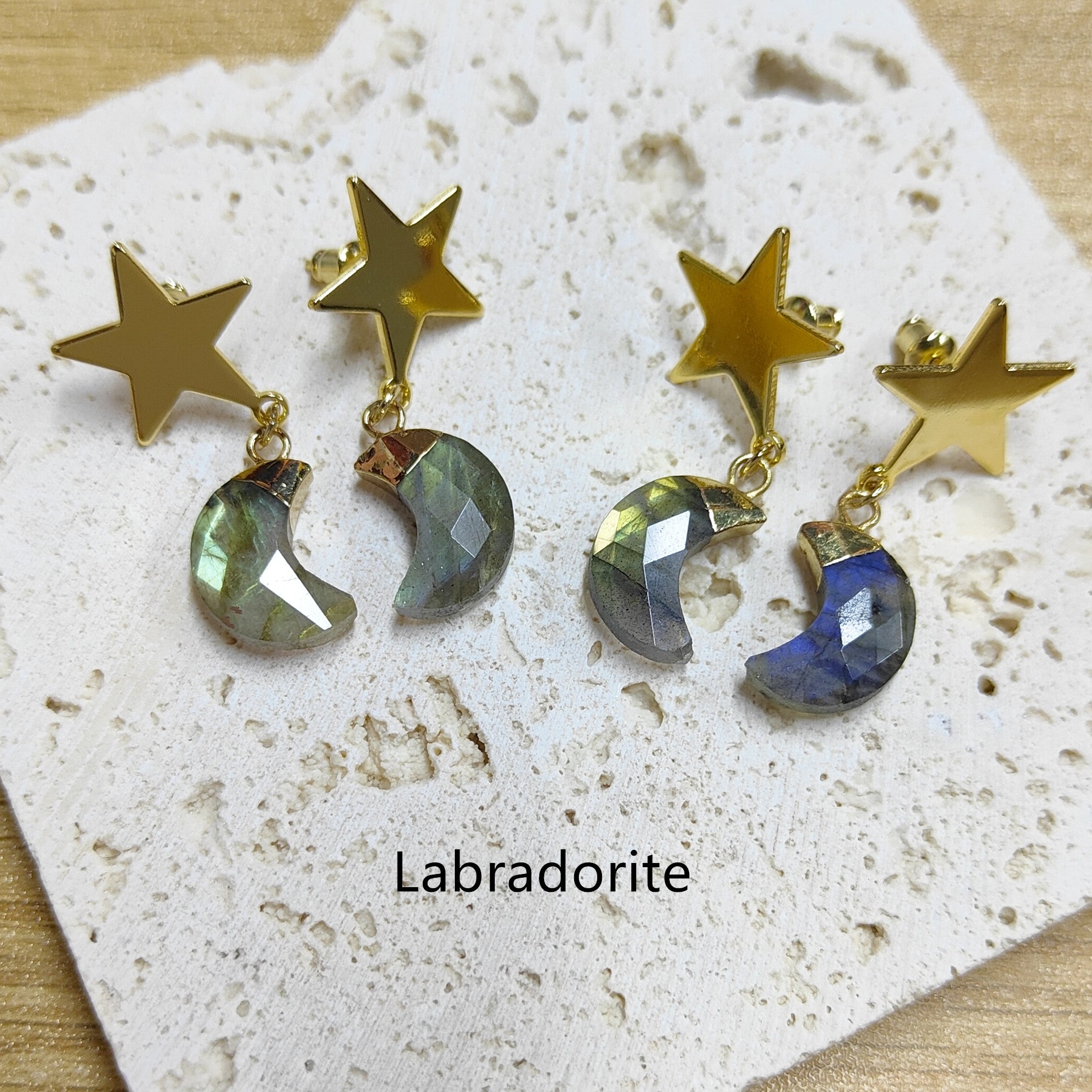 Gold Star Gemstone Moon Earrings, Faceted Healing Crystal Stone Crescent Moon Earrings, Wholesale Jewelry AL571 Labradorite Moon Earrings