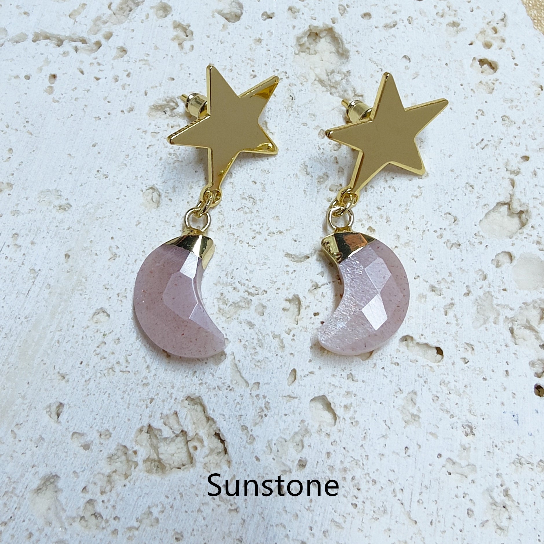Gold Star Gemstone Moon Earrings, Faceted Healing Crystal Stone Crescent Moon Earrings, Wholesale Jewelry AL571 Sunstone Moon Earrings