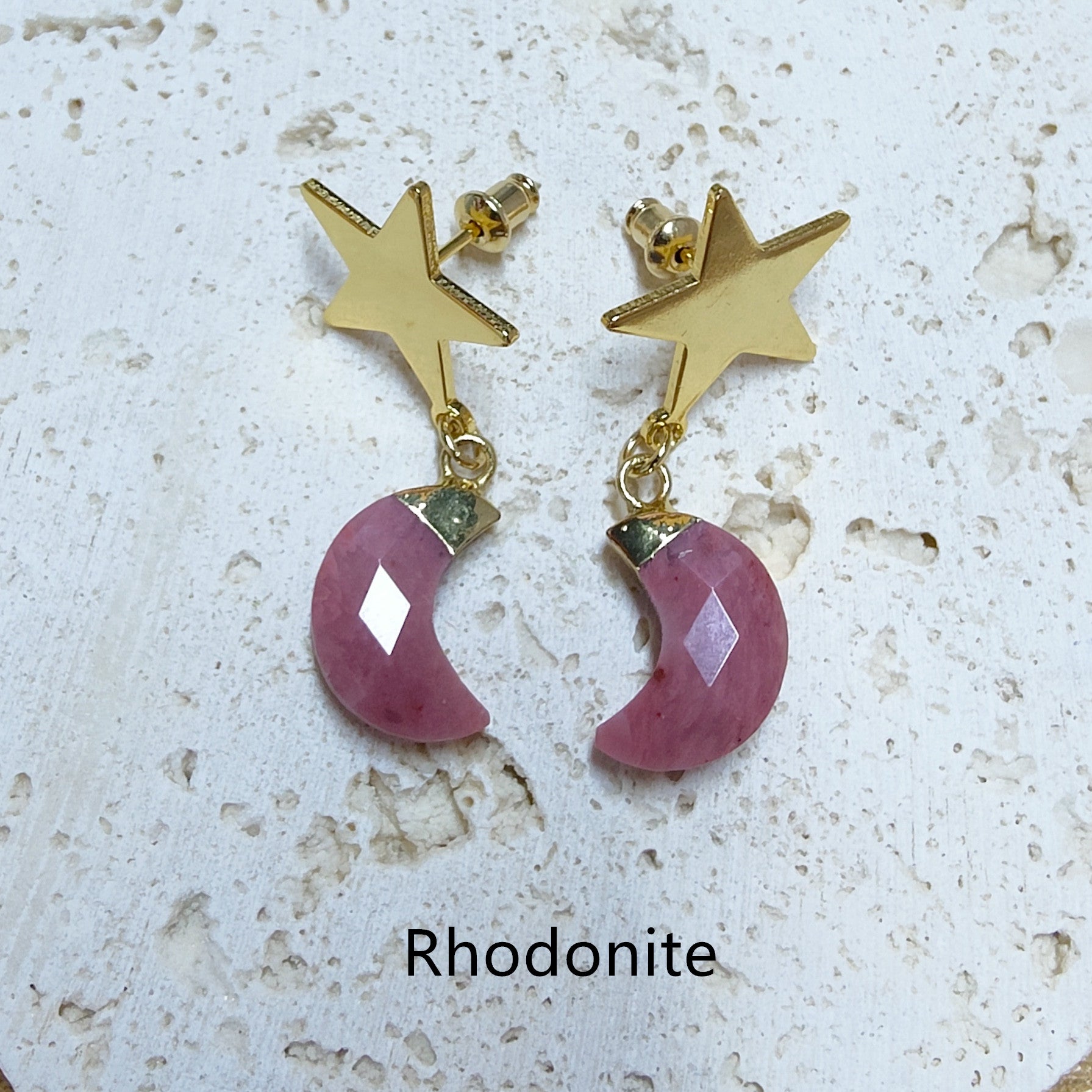 Gold Star Gemstone Moon Earrings, Faceted Healing Crystal Stone Crescent Moon Earrings, Wholesale Jewelry AL571 Rhodonite Moon Earrings