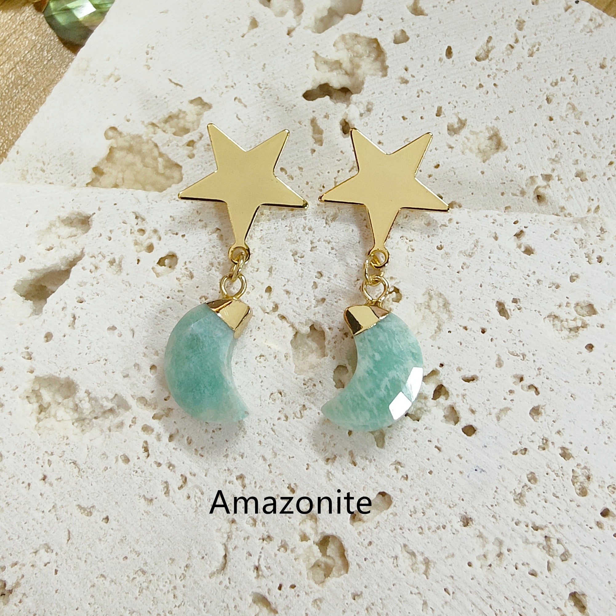 Gold Star Gemstone Moon Earrings, Faceted Healing Crystal Stone Crescent Moon Earrings, Wholesale Jewelry AL571 Amazonite Moon Earrings
