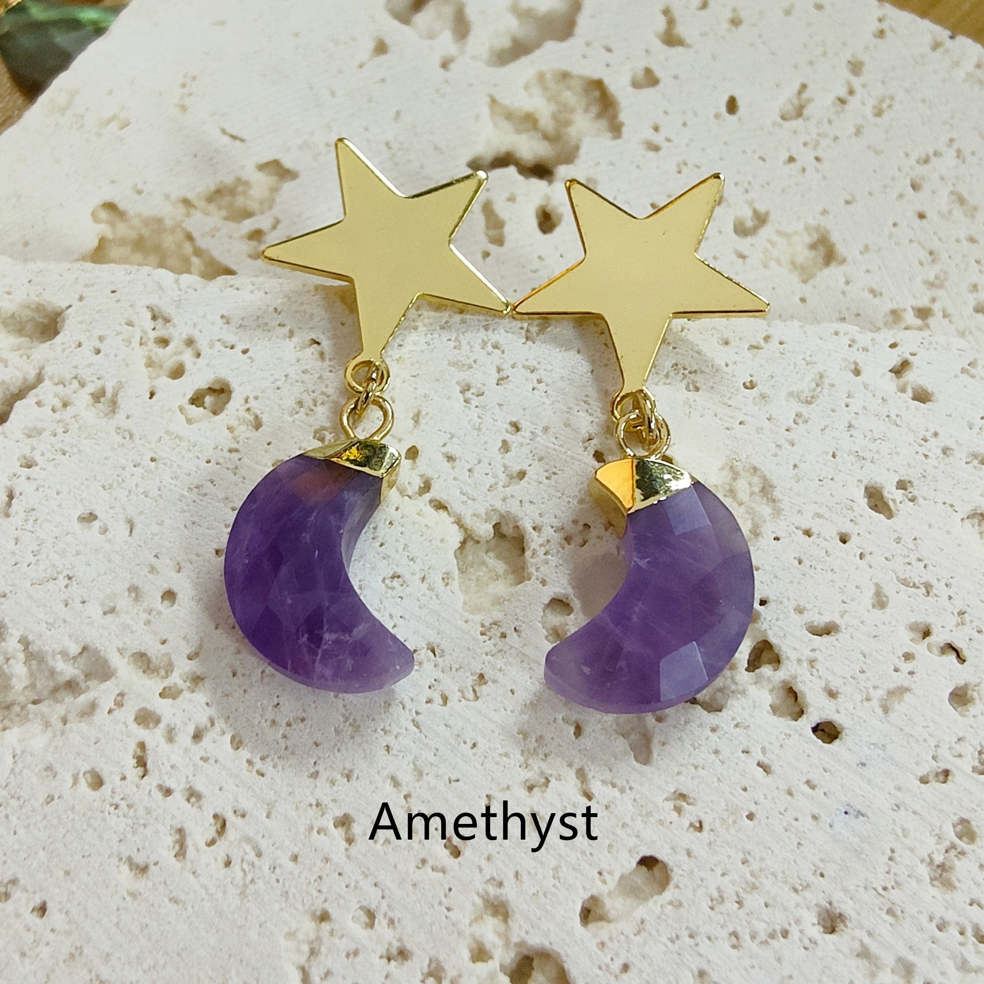 Gold Star Gemstone Moon Earrings, Faceted Healing Crystal Stone Crescent Moon Earrings, Wholesale Jewelry AL571 Amethyst Moon Earrings