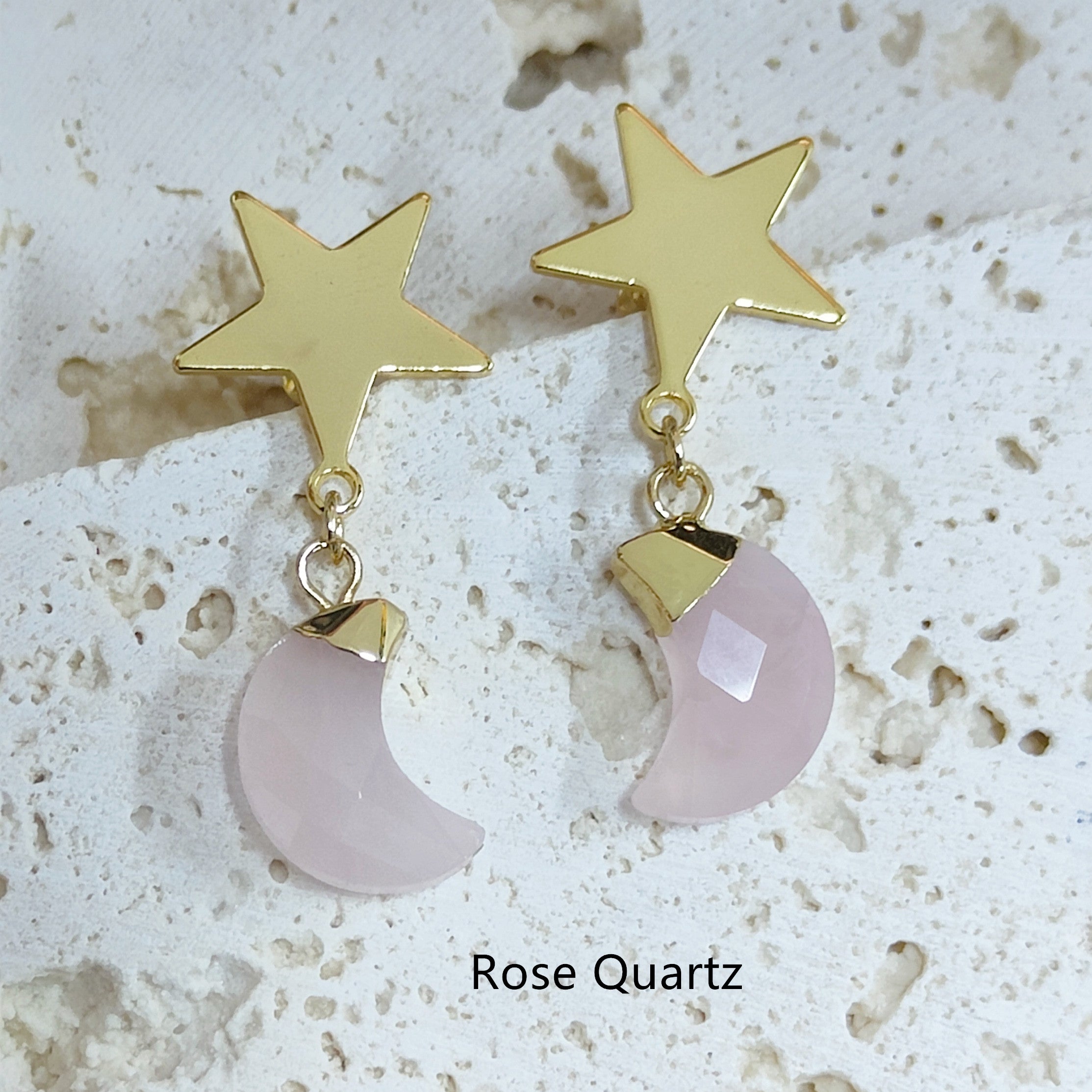 Gold Star Gemstone Moon Earrings, Faceted Healing Crystal Stone Crescent Moon Earrings, Wholesale Jewelry AL571 Rose Quartz Moon Earrings