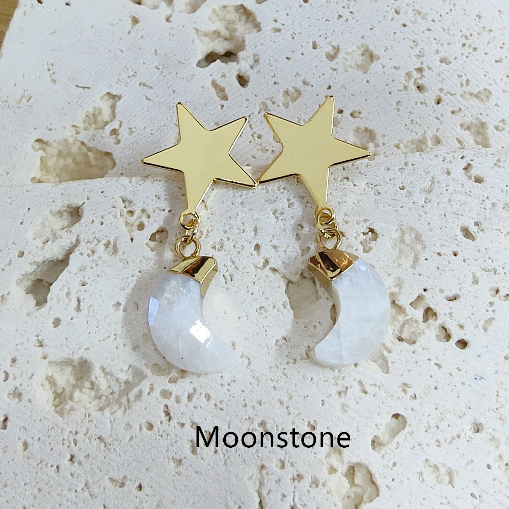Gold Star Gemstone Moon Earrings, Faceted Healing Crystal Stone Crescent Moon Earrings, Wholesale Jewelry AL571 Moonstone Moon Earrings