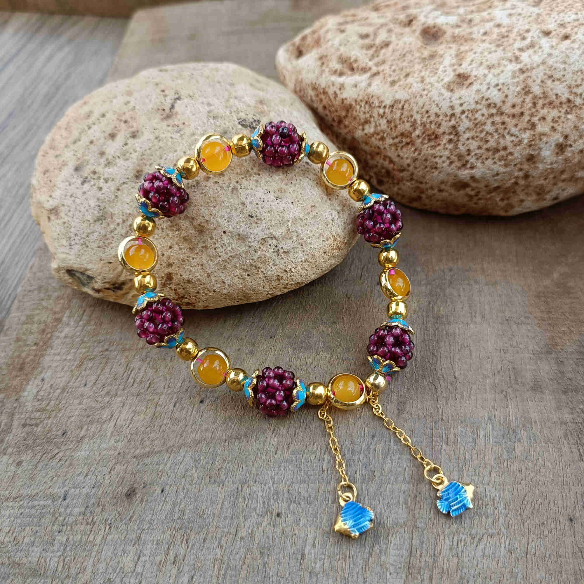 Unique Natural Garnet & Rainbow Chalcedony Beaded Bracelet, Handmade Gemstone Jewelry HUS236