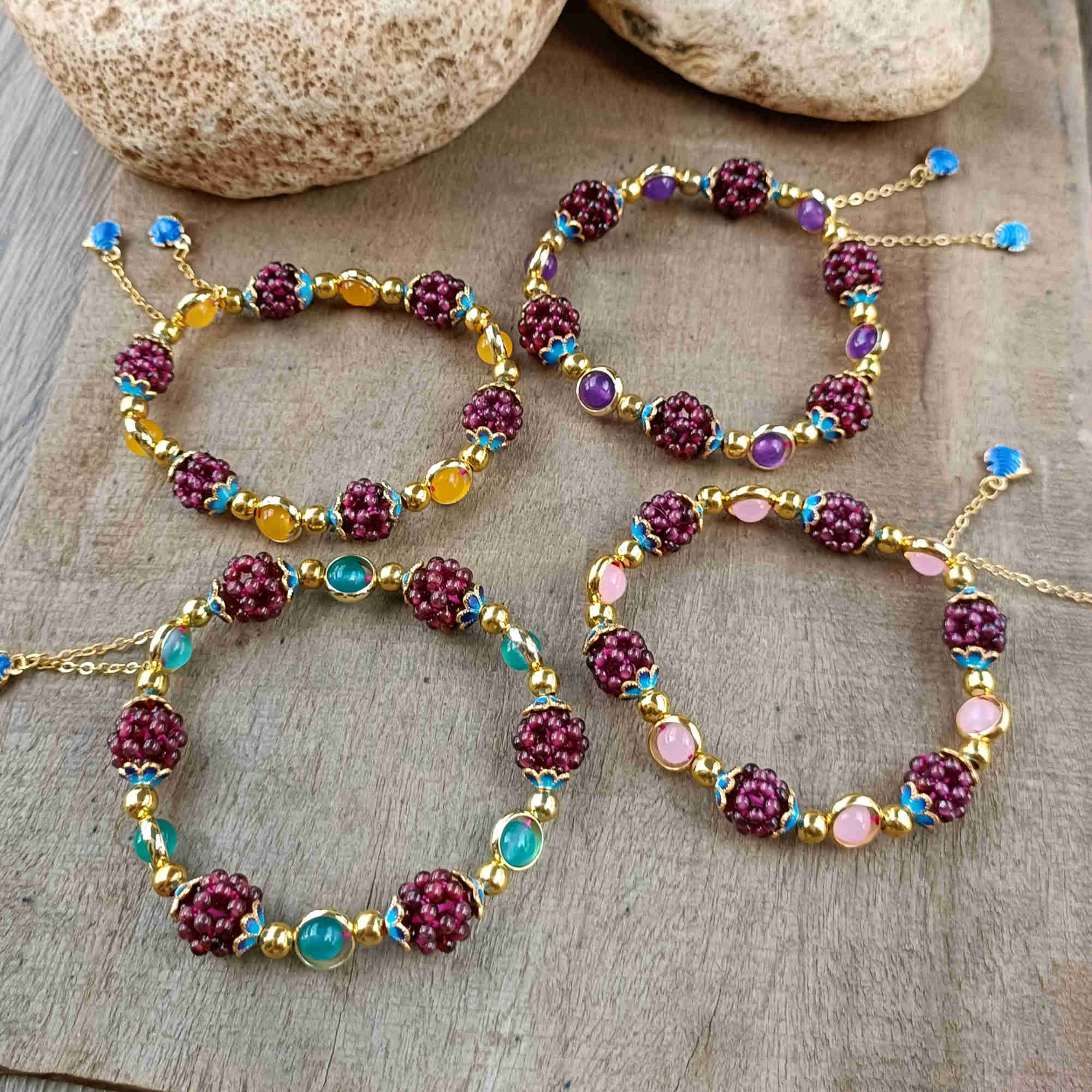 Unique Natural Garnet & Rainbow Chalcedony Beaded Bracelet, Handmade Gemstone Jewelry HUS236