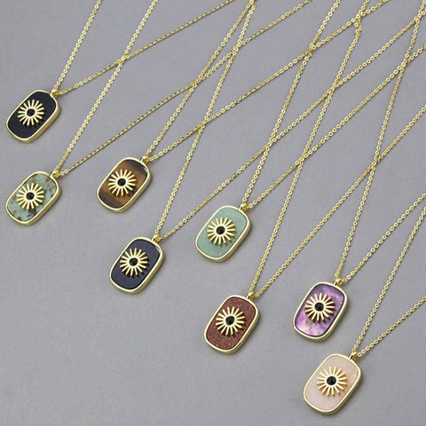 Gold Plated Bezel Natural Healing Stone Pendant Necklace, Gemstone Boho Jewelry WX1623-N