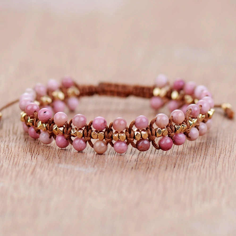 Rhodochrosite Handwoven Bohemian Friendship Bracelet AL289