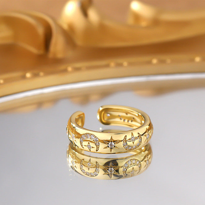 Adjustable Gold Plated CZ Moon Ring, Zircon Moon Ring Jewelry AL602