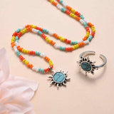 Rainbow Bead Sun Howlite Turqoise Necklace+Ring Set AL381