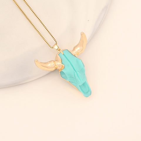 Gold Rainbow Resin Longhorn Pendant Necklace, Colorful Cattle Head, Unique Boho Jewelry AL617