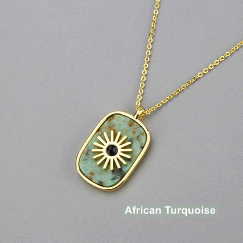Gold Plated Bezel Natural Healing Stone Pendant Necklace, Gemstone Boho Jewelry WX1623-N