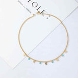 16" Gold Stainless Steel Butterfly Round Turquoise Choker Necklace AL423