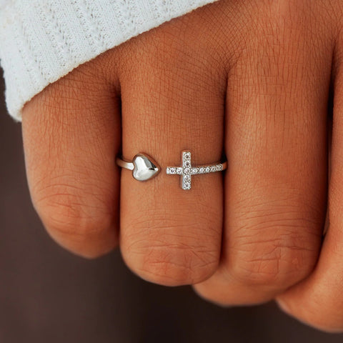 925 Sterling Silver Pray Through It Cross & Heart Adjustable Ring, CZ Micro Pave Silver Open Ring AL493