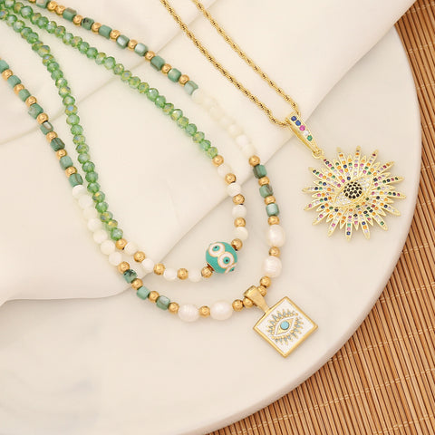 Gold CZ Evil Eye Pendant Necklace, Multi Stone & Glass Quartz Beads Necklace, Handmade Boho Jewelry AL625