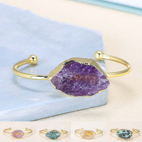 Natural Raw Gemstone Bangle Cuff, Gold Plated Crystal Bracelet AL154