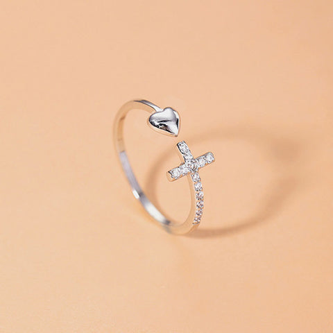 925 Sterling Silver Pray Through It Cross & Heart Adjustable Ring, CZ Micro Pave Silver Open Ring AL493