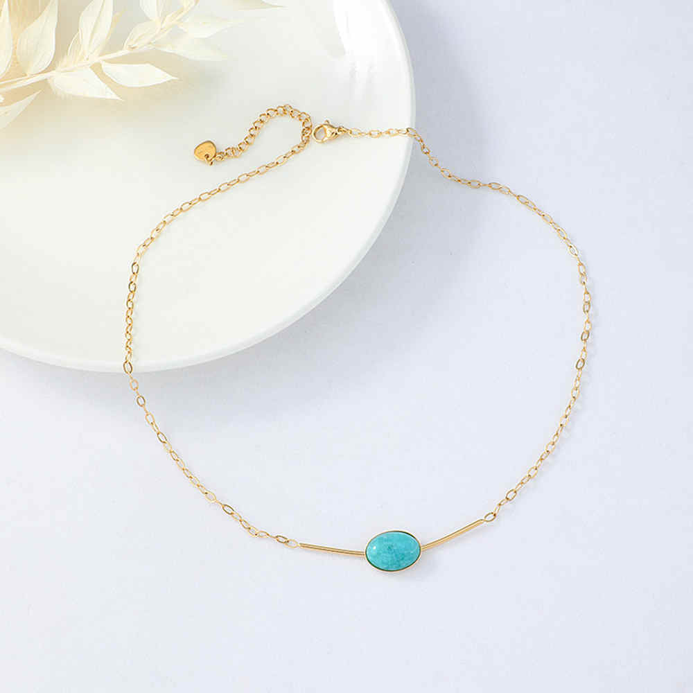 Gold Stainless Steel Oval Turquoise Necklace AL422