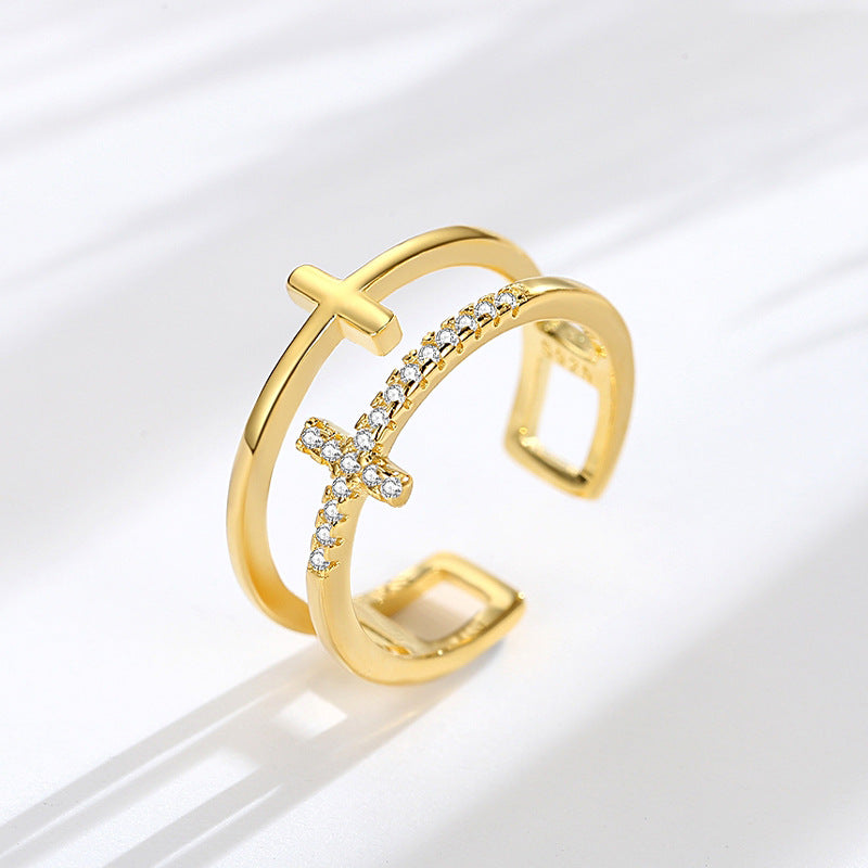 CZ Double Cross Ring, Gold Plated Brass/S925 Sterling Silver Open Ring, Micro Pave Jewelry Ring AL454