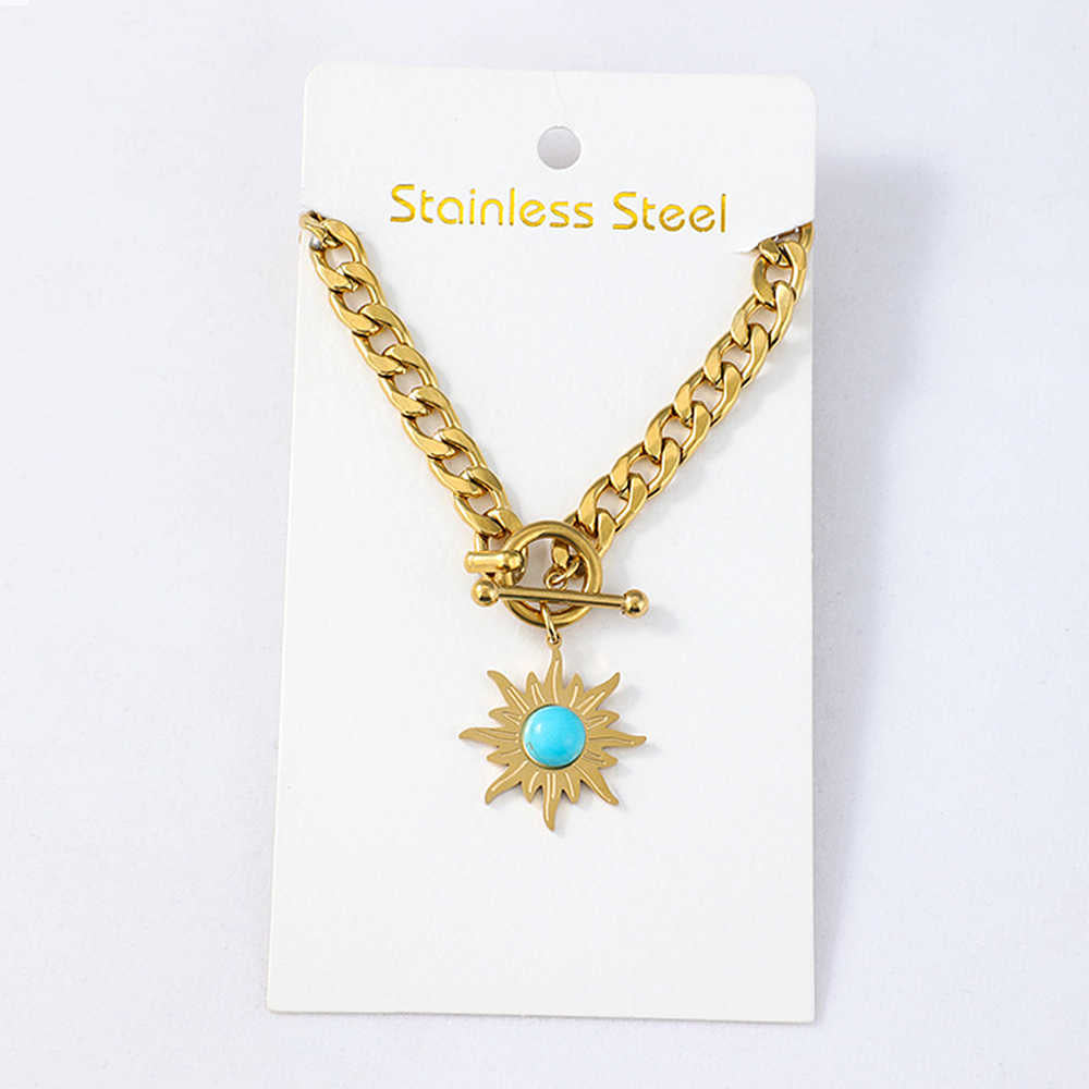 18" Gold Stainless Steel Chain Turquoise Sunflower Necklace AL418