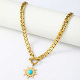 18" Gold Stainless Steel Chain Turquoise Sunflower Necklace AL418