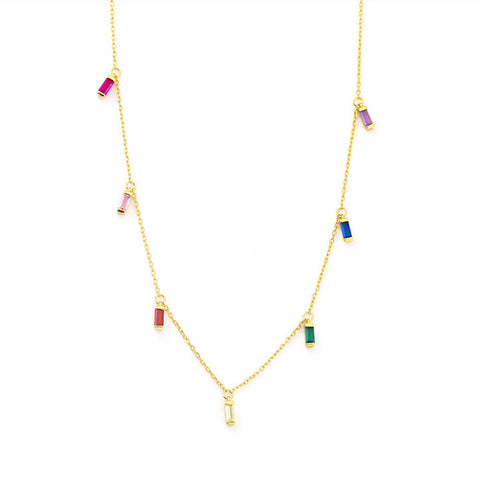 14" Rainbow CZ Gold Plated Brass Chain Necklace Jewelry AL600