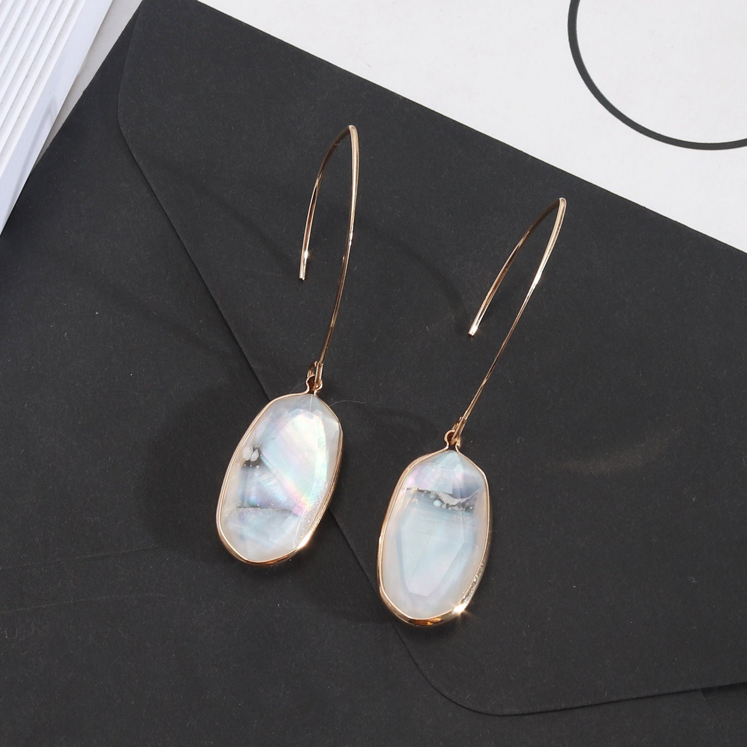 Oval Gold Plated Abalone Earrings, White Shell Earrings, Faceted Natural Seashell Jewelry AL515