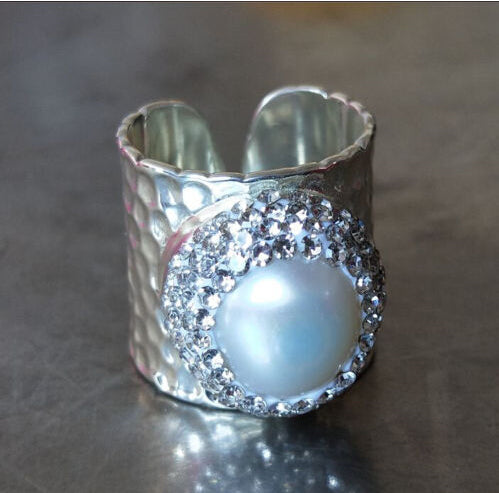 Silver Plated Brass Natural Pearl Rhinestone Band Ring Cuff JAB795