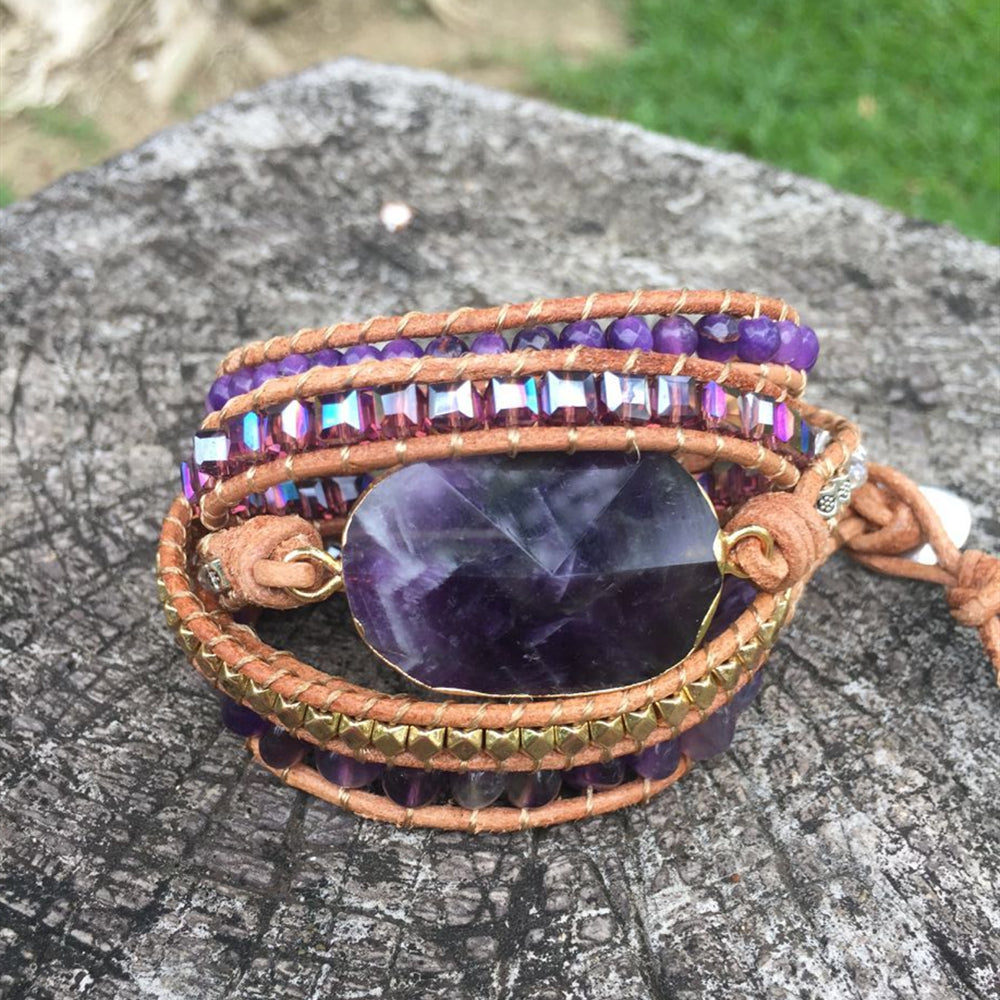 Wholesale Natrual Amethyst Faceted Leather Bracelet, 5 Layers, Purple Gemstone Beads, Meditation Protection Inspiring Jewelry HD0044