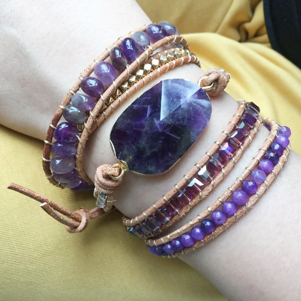 Wholesale Natrual Amethyst Faceted Leather Bracelet, 5 Layers, Purple Gemstone Beads, Meditation Protection Inspiring Jewelry HD0044