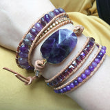 Faceted Amethyst 4mm Crystal Beads 5-Layers Leather Bracelet, Handmade Boho Gemstone Jewelry HD0044