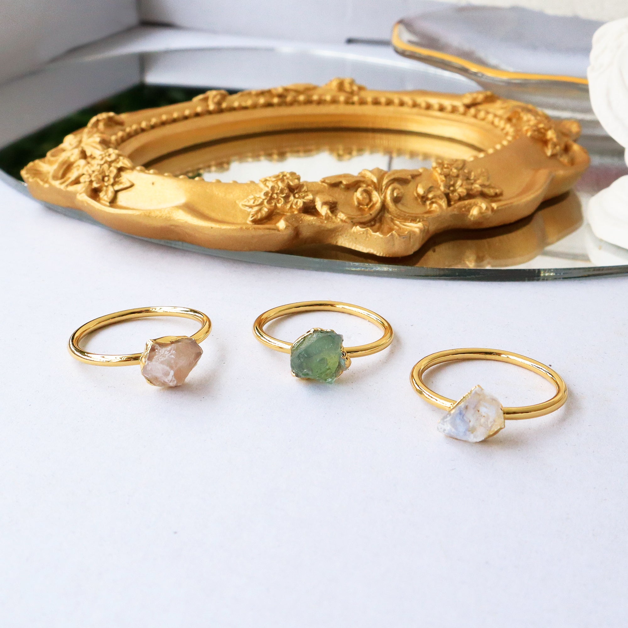 Gold Plated Brass Raw Rainbow Gemstone Ring, Birthstone Ring, Healing Crystal Stone Statement Ring Jewelry BT003