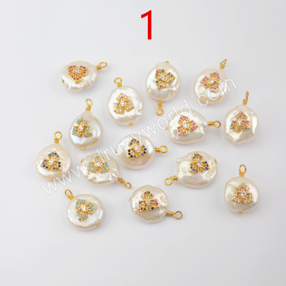 Gold Plated Natural Pearl With Multi CZ Charm WX1254