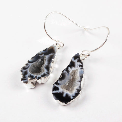 Silver Plated Raw Agate Druzy Geode Slice Dangle Earrings, Gemstone Jewelry S0516