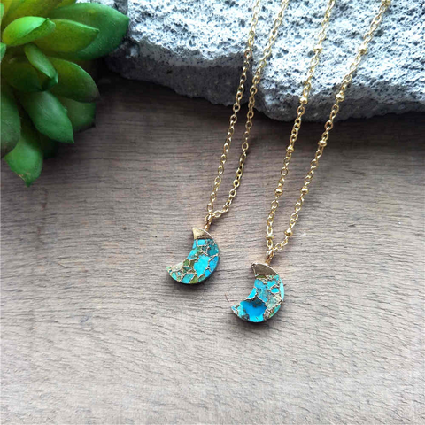 Crescent Moon Gold Tiny Turquoise Charm Necklace ED001