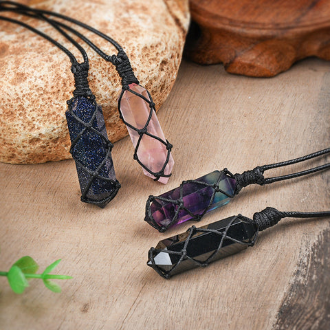 Wrap Natural Obsidian/Rose Quartz/White Quartz/Fluorite Terminated Hexagon Point Pendant Necklace, Healing Crystal Stone Necklace Jewelry HUS036