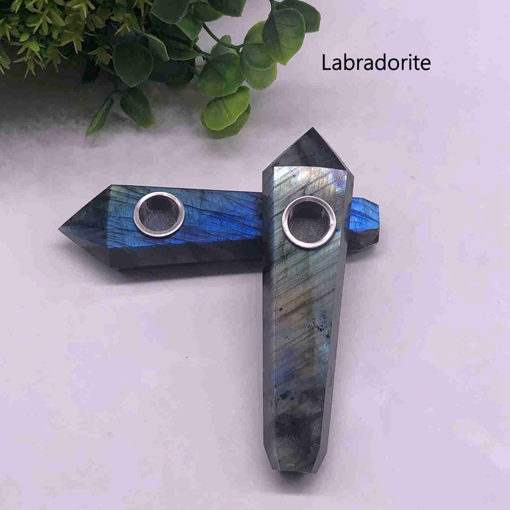 Long Natural Gemstone Pipes Point Wand Shape Faceted Healing Crystal Smoking Pipe Tobacco Pipe Crystal Stone Pipe Labradorite Fluorite Jewelry AL451