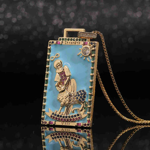 Oil Dripping Tarot Card Necklace, Oil Painting Dainty Tag Pendant Necklace Box Chain Spiritual Jewelry AL471