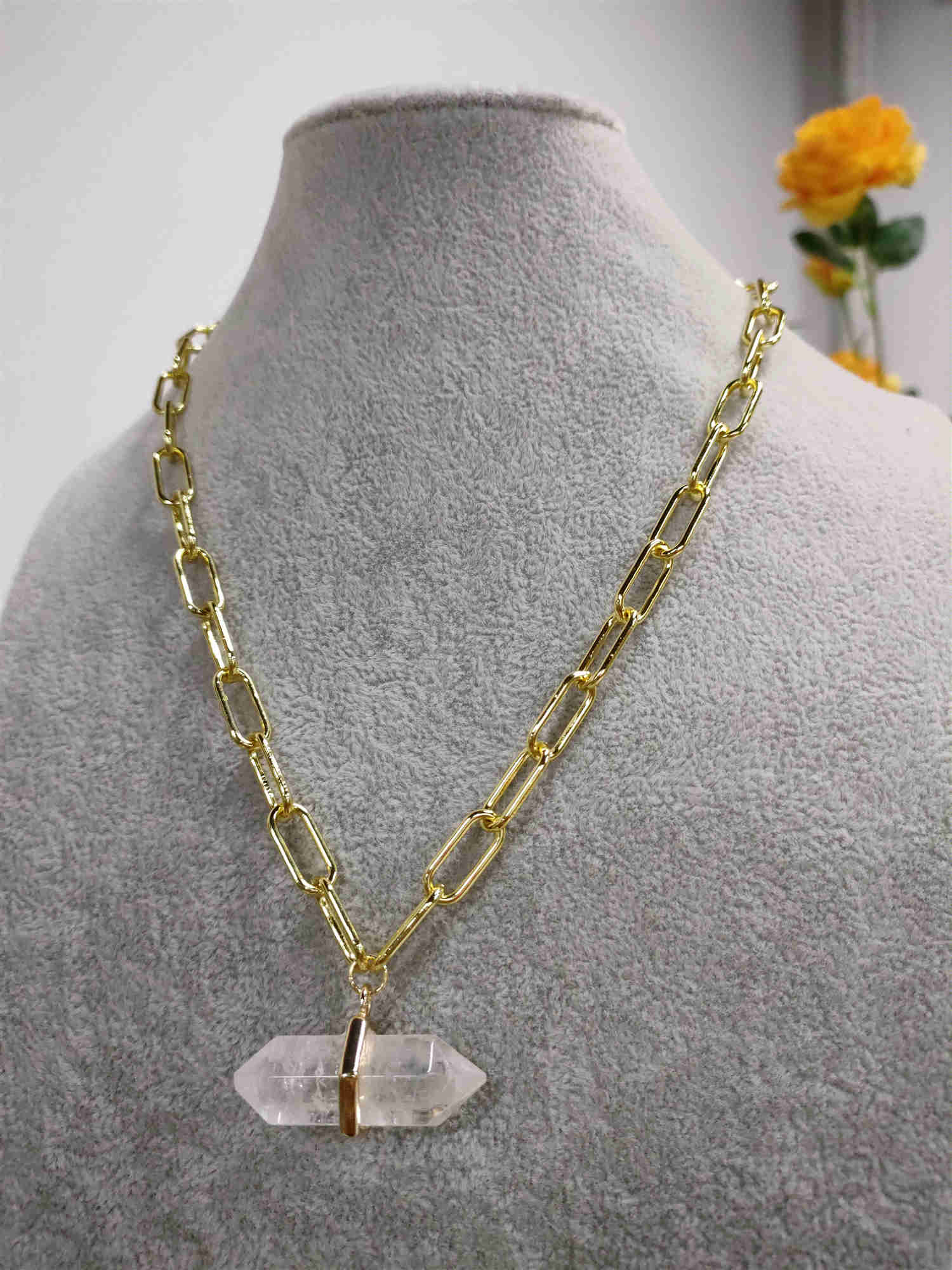 Natural White Crystal Point Gold Chain Necklace AL370