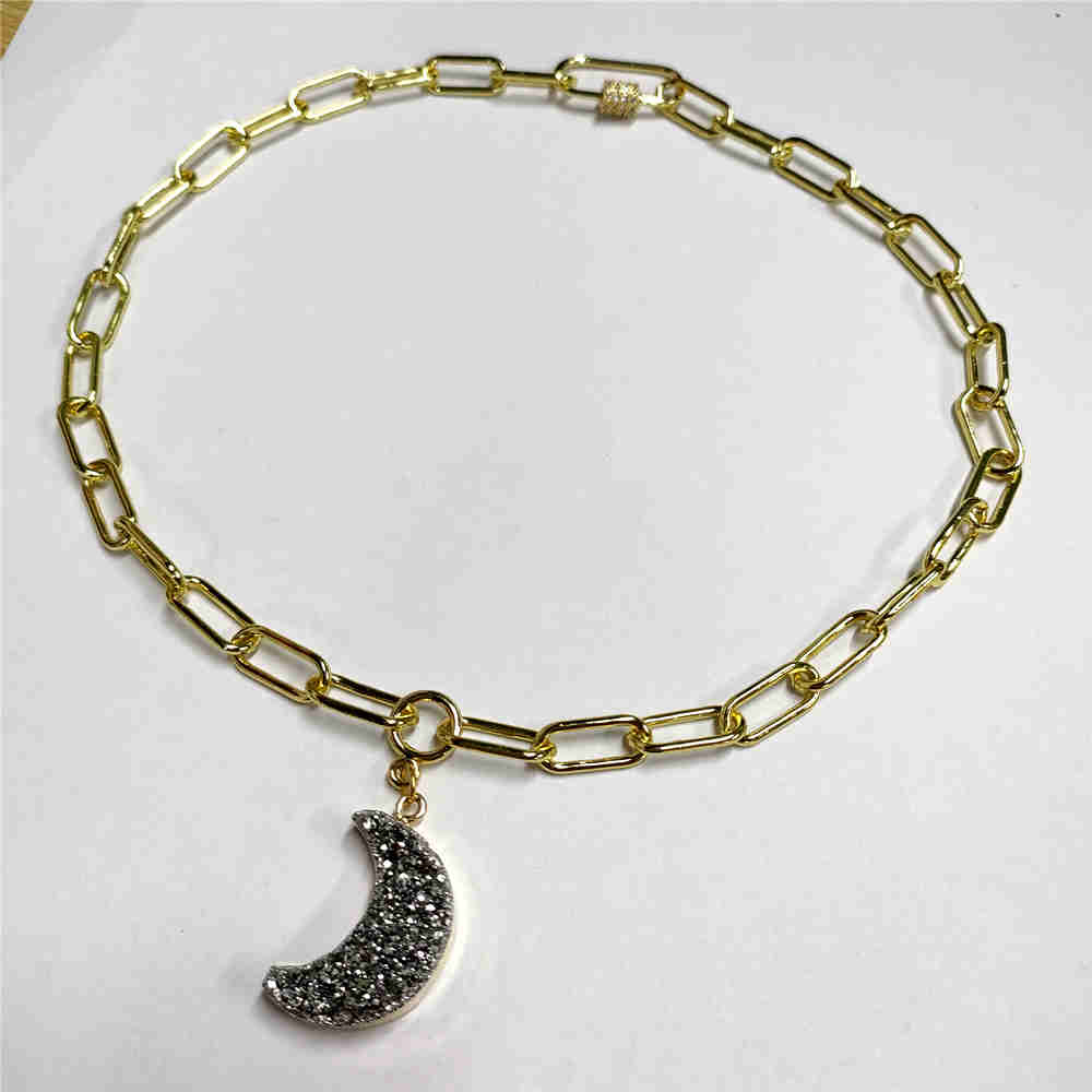 Silver Druzy Moon Gold Chain Necklace AL375