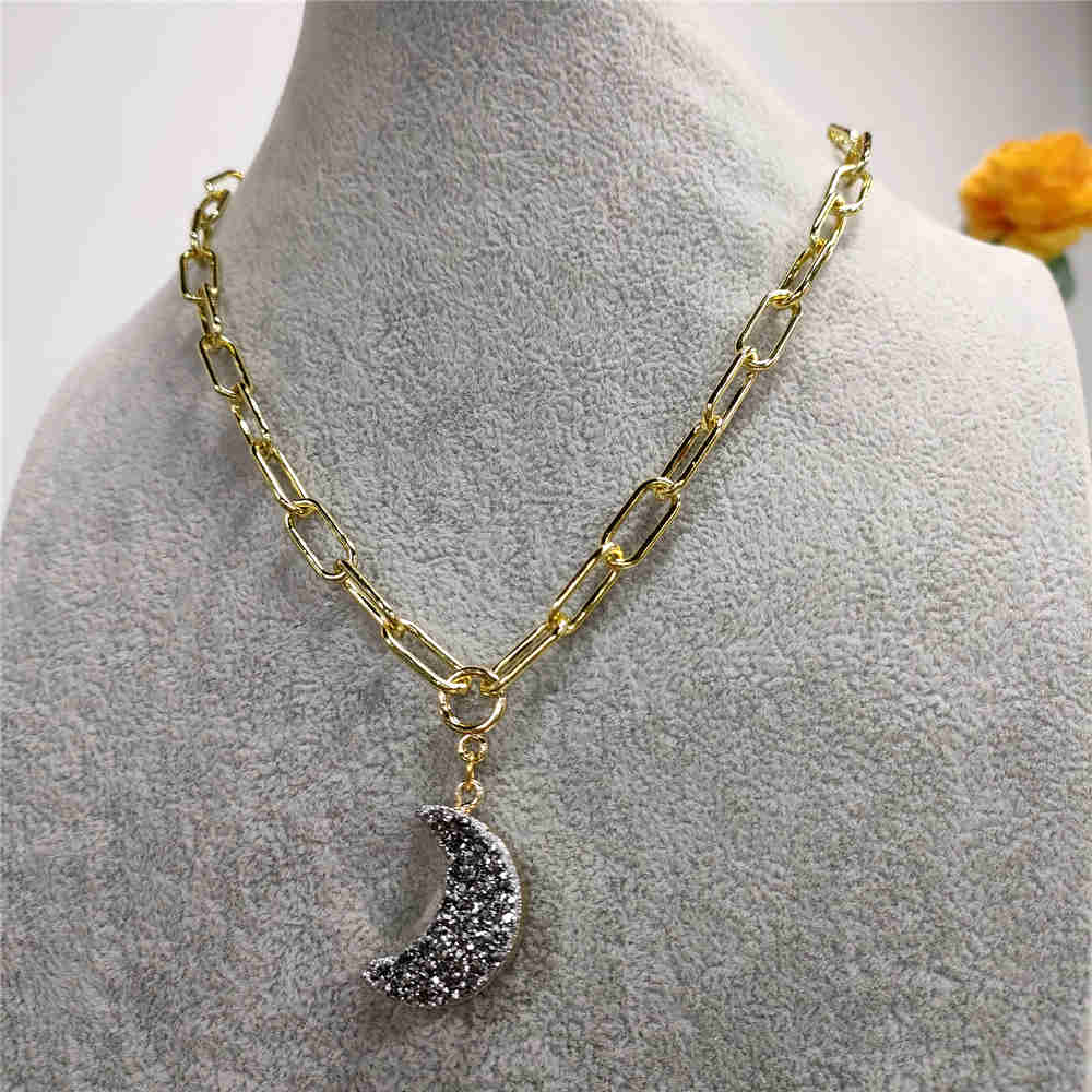 Silver Druzy Moon Gold Chain Necklace AL375